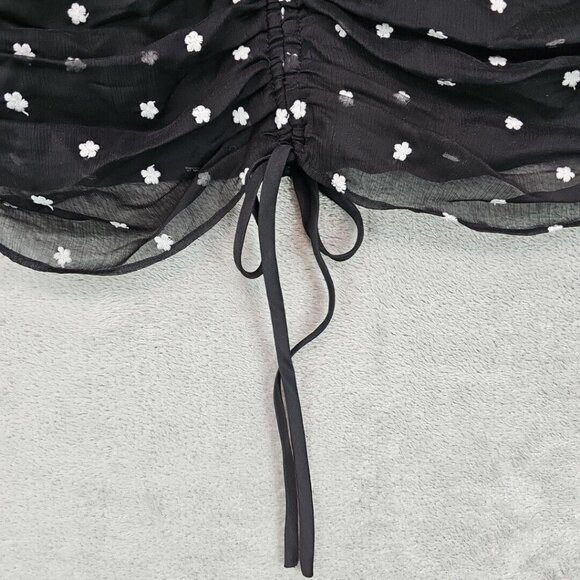 Wayf Crop Top Womens Size XS Black Embroidered Daisy Floral Chiffon Cinch Front - Picture 2 of 11